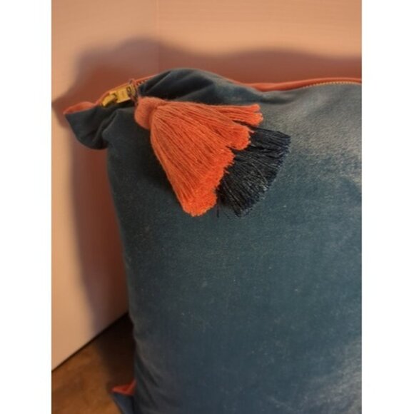 Distant Lands Peach And Blue Pillow With Tassels And Removable Cover 18" - Picture 2 of 8